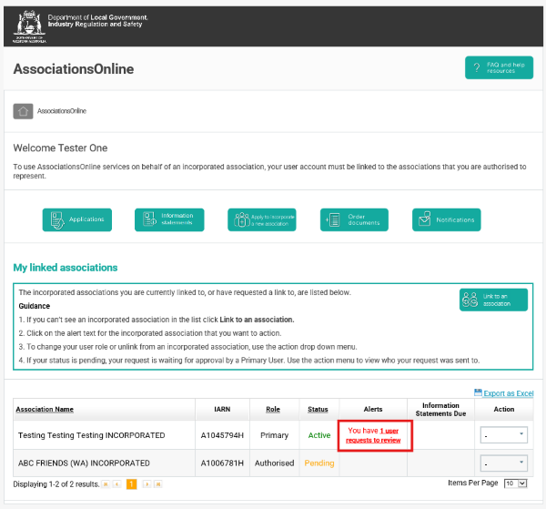Screenshot of AssociationsOnline - User Request to Review