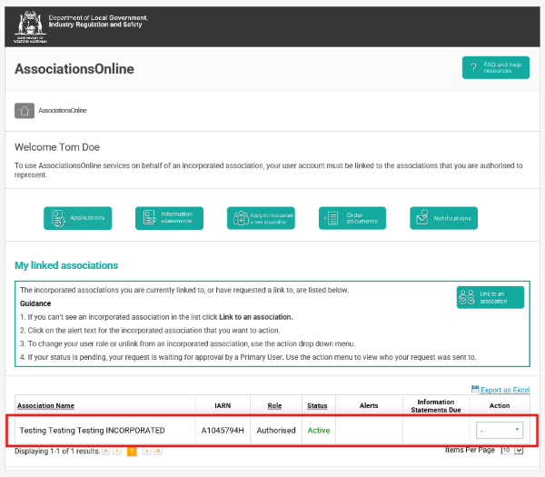 Screenshot of AssociationsOnline - Home Screen confirming linked association