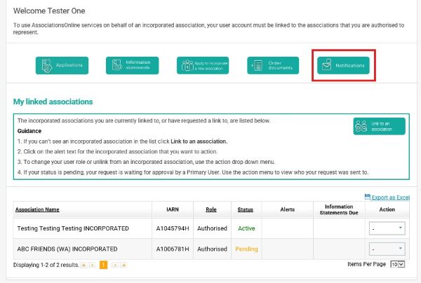 Screenshot of AssociationsOnline - Notifications button