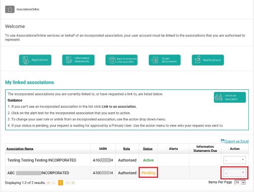 Screenshot of AssociationsOnline - Add an existing association (Pending) - Home Page