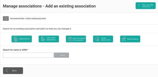 Screenshot of AssociationsOnline  - Add an existing association - Search
