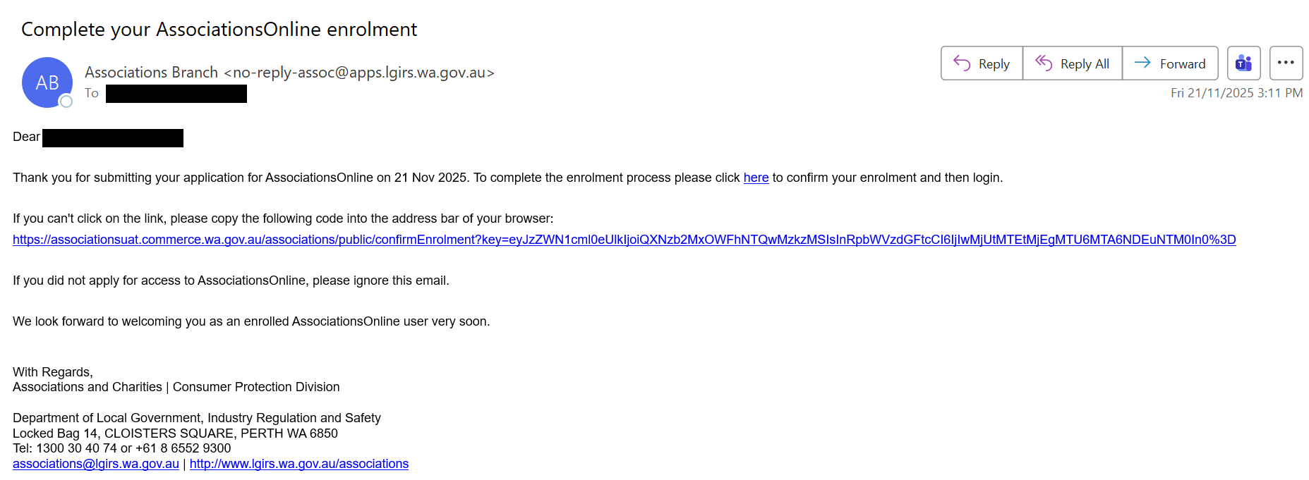 Screenshot of AssociationsOnline - Complete Enrolment Email