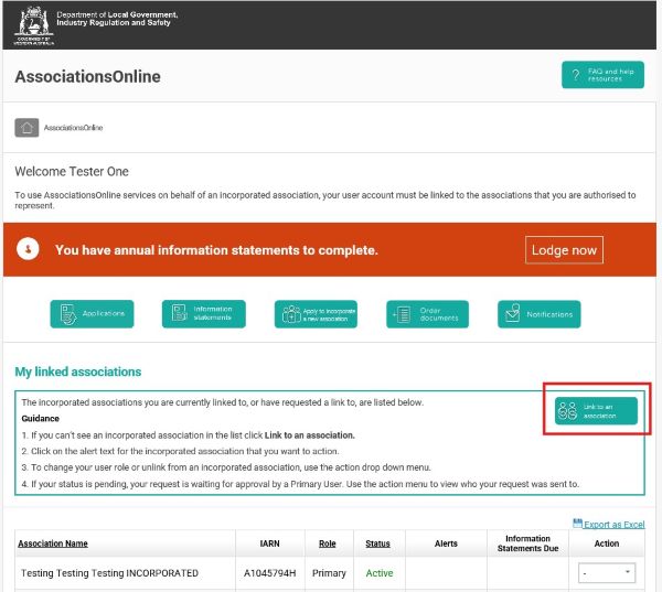 Screenshot of AssociationsOnline - Link to an Association button