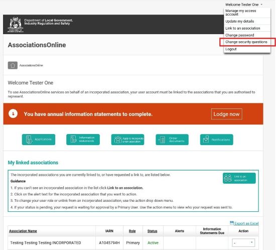 Screenshot of AssociationsOnline - Change security question