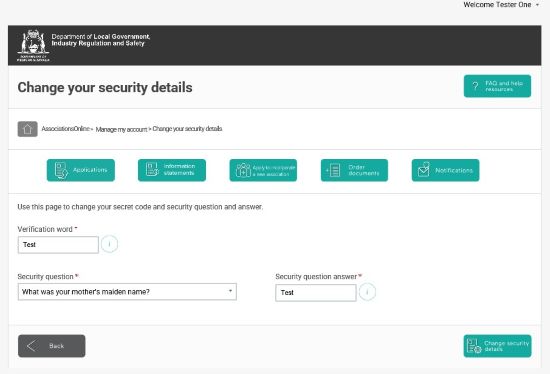 Screenshot of AssociationsOnline - Change your security details screen