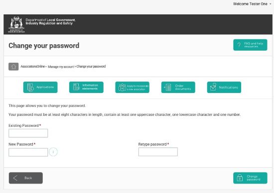 Screenshot of AssociationsOnline - Change Password Screen