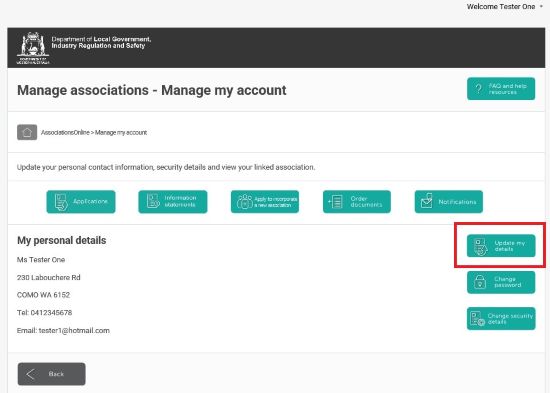 Screenshot of AssociationsOnline - Manage my account - Update my details