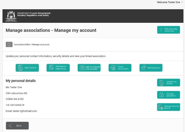 Screenshot of AssociationsOnline - Manage my access account