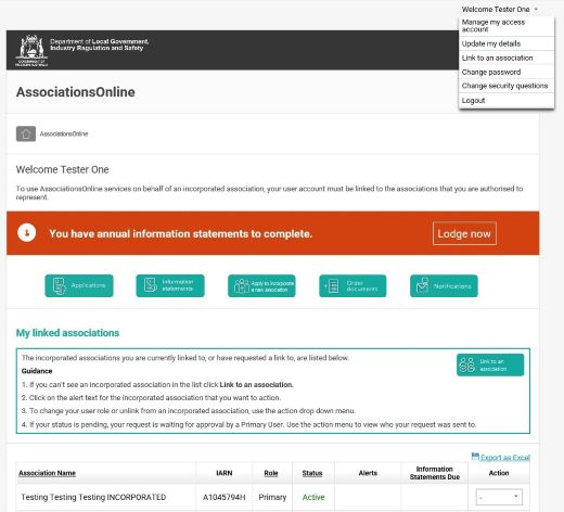Screenshot of AssociationsOnline - Manage my access account