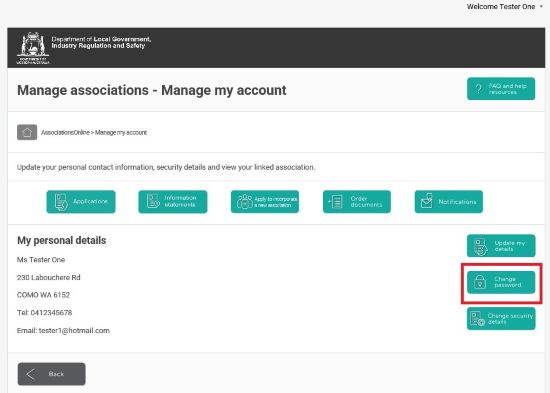 Screenshot of AssociationsOnline - Manage my account - change password