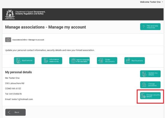 Screenshot of AssociationsOnline - Manage my account - Change security details