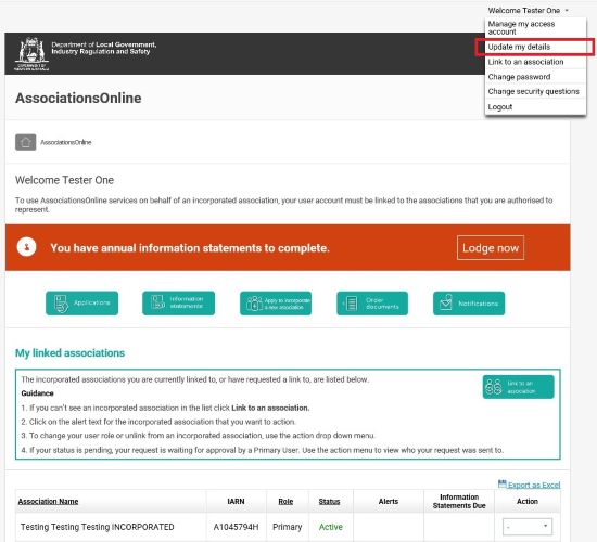 Screenshot of AssociationsOnline - Update my Details