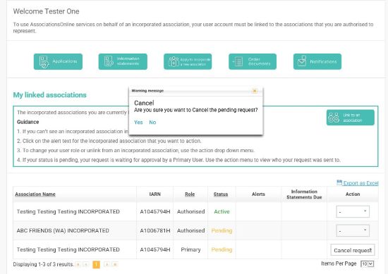 Screenshot of AssociationsOnline - Cancel Request confirmation pop-up