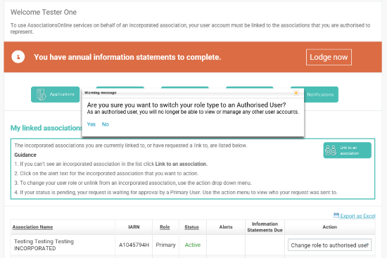 Screenshot of AssociationsOnline - Change role to Authorised user Prompt