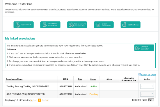 Screenshot of AssociationsOnline - Home Screen with removed association