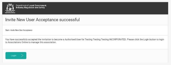 Screenshot of AssociationsOnline - Invite new user acceptance successful