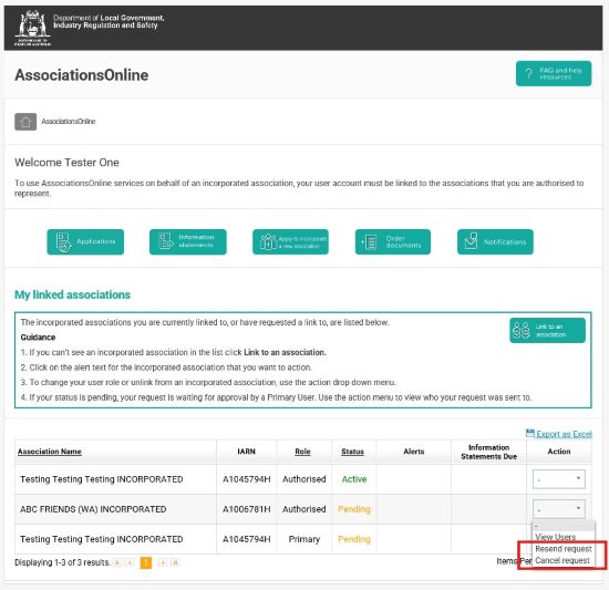 Screenshot of AssociationsOnline - Resend Cancel Request dropdown