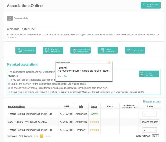Screenshot of AssociationsOnline - Resend Request Confirmation pop-up