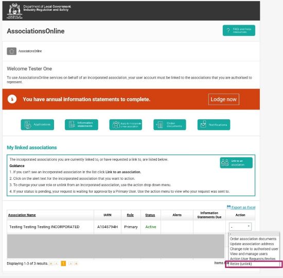 Screenshot of AssociationsOnline - Retire unlink dropdown