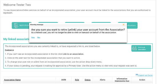 Screenshot of AssociationsOnline - Retire unlink from association prompt