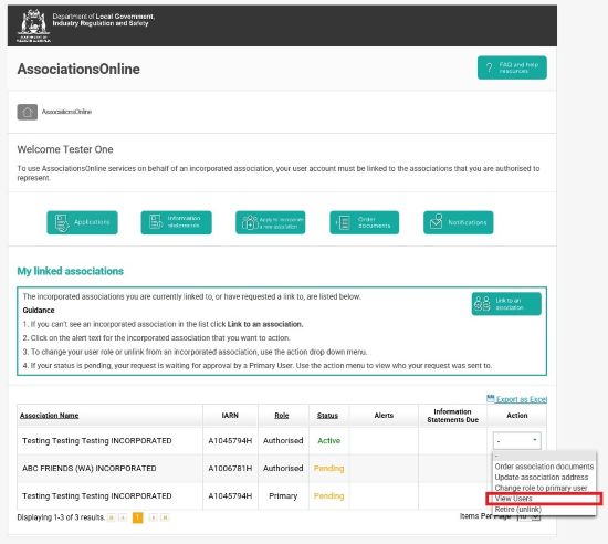 Screenshot of AssociationsOnline - View users dropdown menu