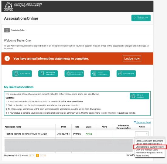 Screenshot of AssociationsOnline - change role to authorised user dropdown
