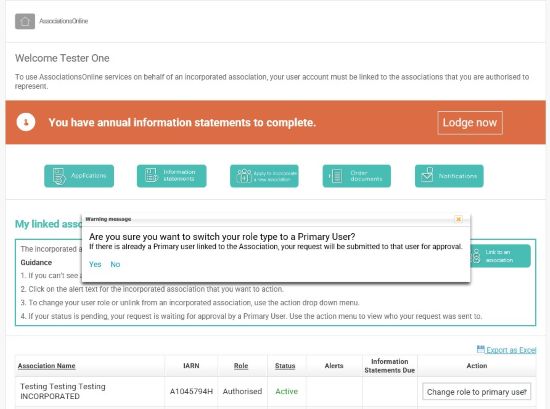 Screenshot of AssociationsOnline - confirm if want to change to primary user