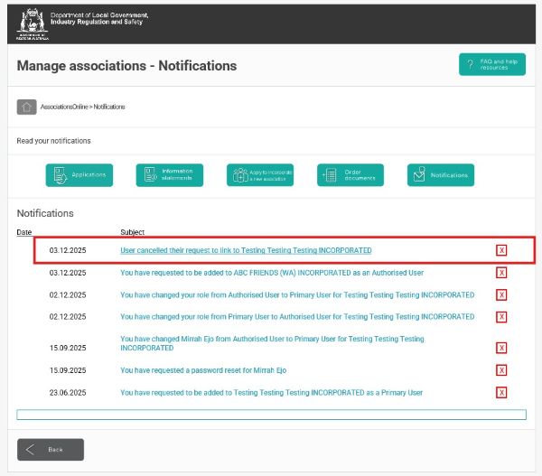 Screenshot of AssociationsOnline - Notifications link