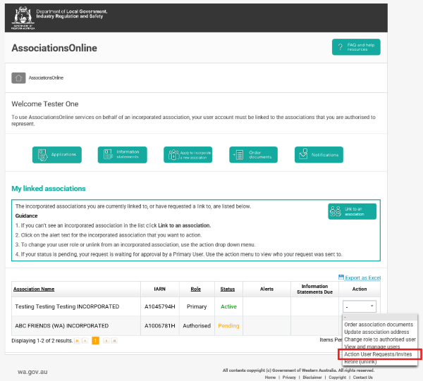 Screenshot of AssociationsOnline - Action User Requests and Invites dropdown