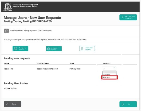 Screenshot of AssociationsOnline - Decline User Requests