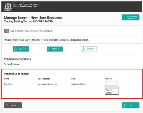 Screenshot of AssociationsOnline - New User Requests - Pending User Invites