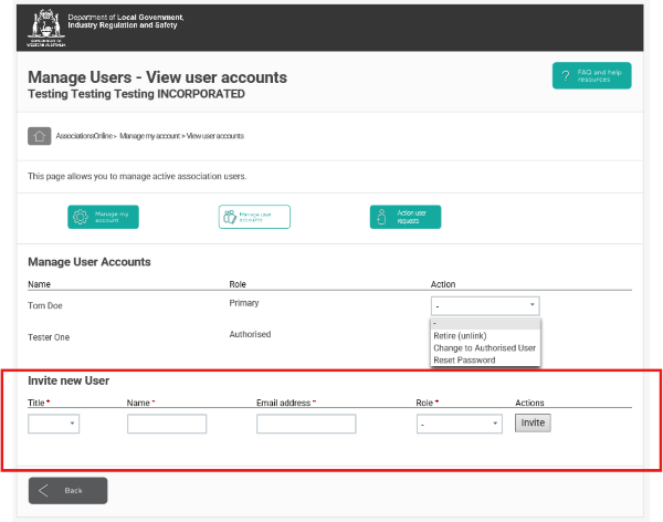 Screenshot of AssociationsOnline - User Accounts Screen - Invite New User