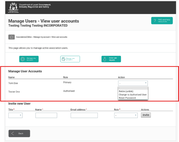 Screenshot of AssociationsOnline - User Accounts Screen - Manage User Accounts