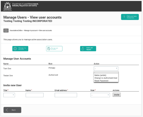Screenshot of AssociationsOnline - View User Accounts Screen