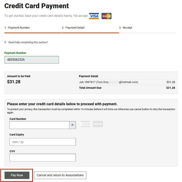 Screenshot of AssociationsOnline - Credit Card Payment Screen