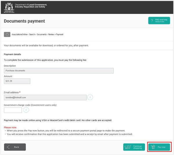 Screenshot of AssociationsOnline - Documents Payment