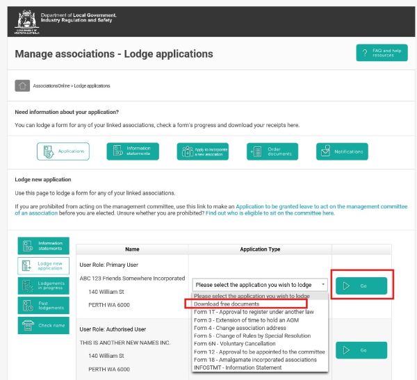Screenshot of AssociationsOnline - Download free documents dropdown menu