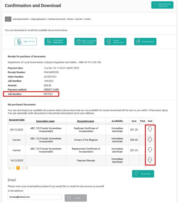 Screenshot of AssociationsOnline - Purchase Documents - Confirmation and Download screen