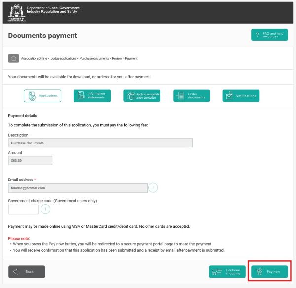 Screenshot of AssociationsOnline - Purchase Documents - Document Payment screen