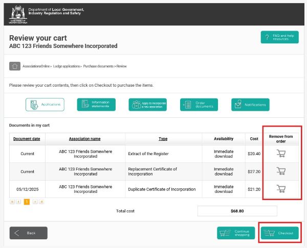 Screenshot of AssociationsOnline - Purchase Documents - Review your cart