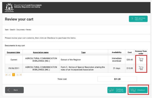 Screenshot of AssociationsOnline - Review your cart