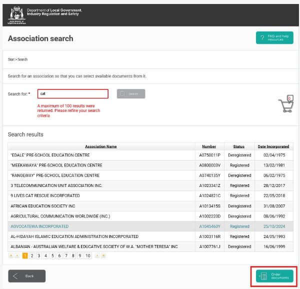 Screenshot of AssociationsOnline - Select association and Order Documents