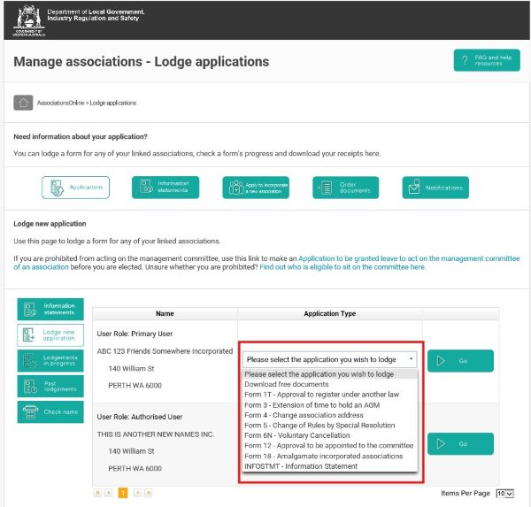 Screenshot of AssociationsOnline - Application Type dropdown