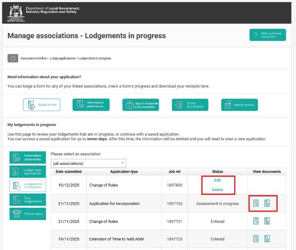 Screenshot of AssociationsOnline - Lodgments in Progress Screen