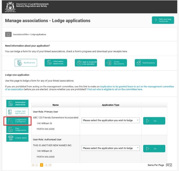 Screenshot of AssociationsOnline - Lodgments in Progress button