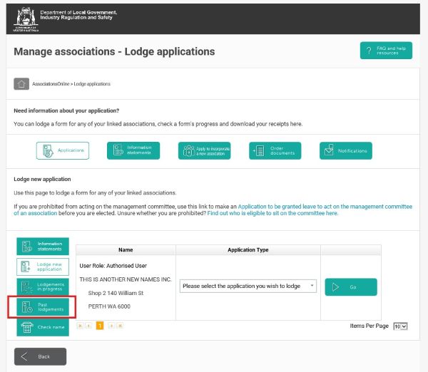 Screenshot of AssociationsOnline - Past Lodgments button