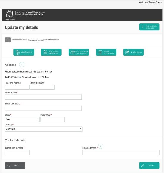 Screenshot of AssociationsOnline - Update my details page