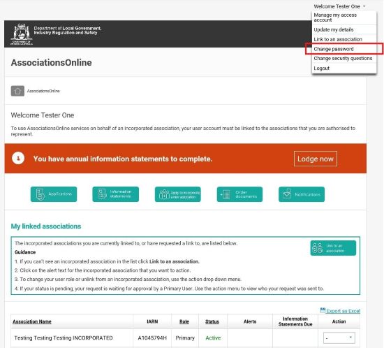 Screenshot of AssociationsOnline - Change Password